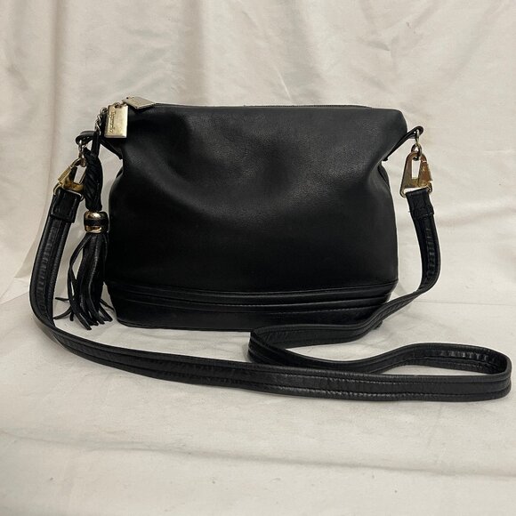 Tignanello Black Leather Shoulder Bag Purse w/ Double Compartments Tassle - Picture 1 of 14